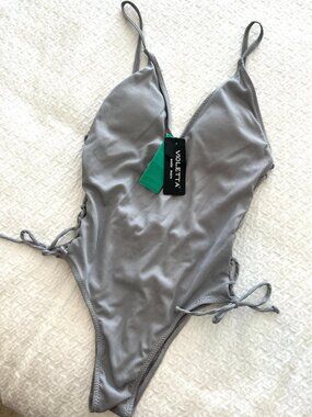 NWT Violetta Moda Mare - Gray One Piece Swimsuit - Lace Up Sides - Size Small